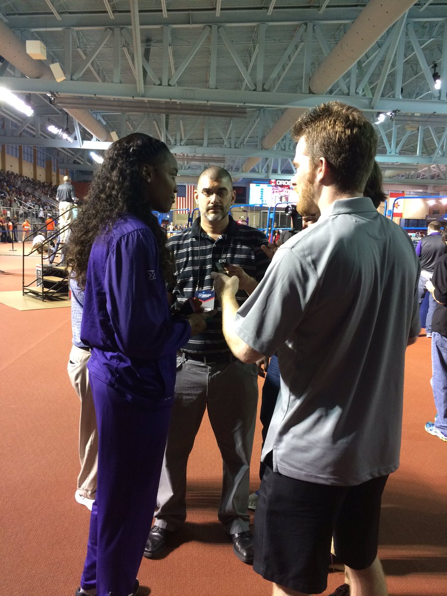 KStateTFXC's tweet photo. Akela talking to the media after an outstanding pentathlon performance at the #NCAATF Championships. #KStateTF https://t.co/U09lS1h7EO