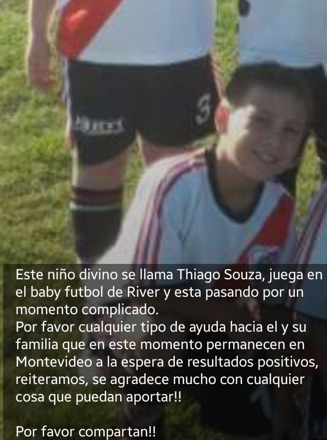 Este niño se llama Thiago Souza y esta pasando un mal momento. Se agradece colaboración.
Por favor difundir.