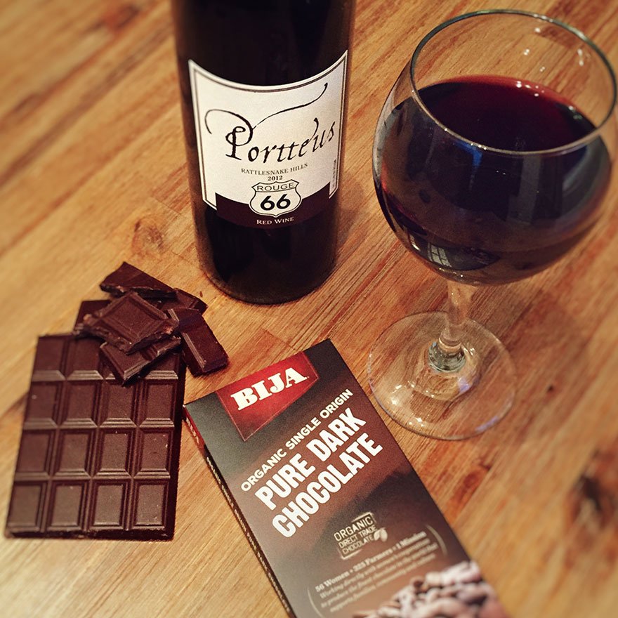 Celebrate #washingtonwinemonth! We're loving this pairing: <a href="/portteuswinery/">Portteus Winery</a> Route 66 Red + BIJA Pure Dark Chocolate.