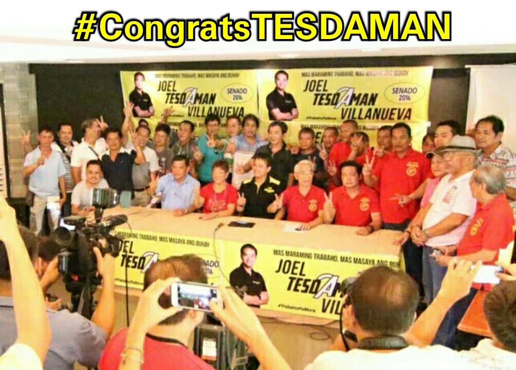 Elviekkb's tweet photo. Nagkaisa ang Pasang Masda, FEJODAP, ACTO, LTOP sa pag-endorso kay @JVillanueva2016 para Senador #CongratsTESDAMAN https://t.co/PmP1qBSyT7