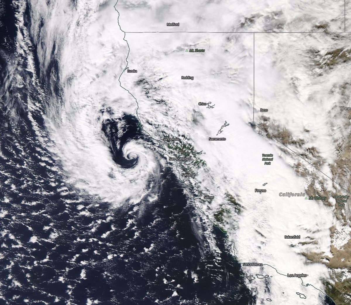 NWSSacramento's tweet photo. A hi-res look at today's storm system moving into NorCal from NASA Worldview. A thing of beauty! #cawx https://t.co/DdWKxHM74u