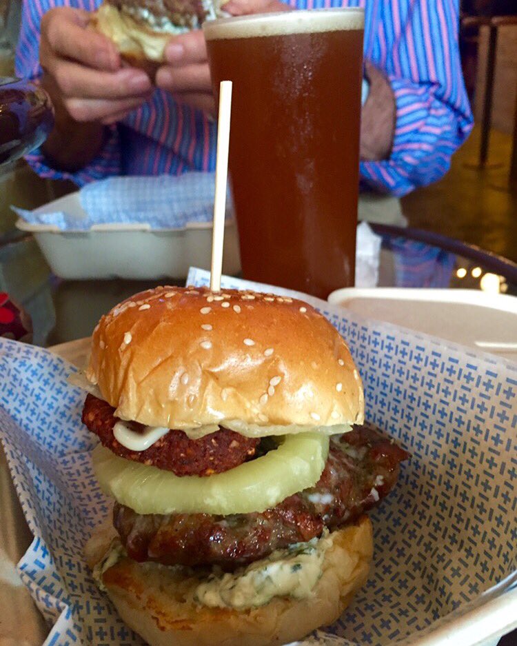 1st course  <a href="/lukecroston/">luke croston</a> Greek burger w/ lamb &amp; beetroot felafel washed down w/ <a href="/barrowboysbeer/">Barrow Boys Brewing</a> #burgervssouva