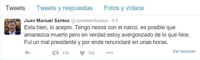 MaicolLopezMTY's tweet photo. Celebra Colombia y celebra el mundo, el presidente Juan Manuel Santos renunciará. #ColombiaNOTienePresidente https://t.co/UMISfk6B5m