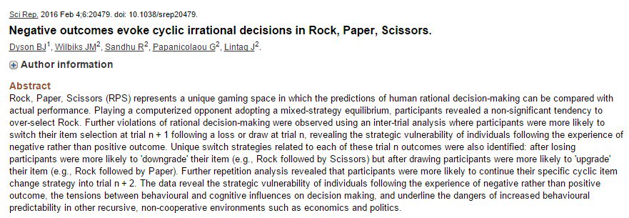 Negative outcomes evoke cyclic irrational decisions in Rock, Paper, Scissors