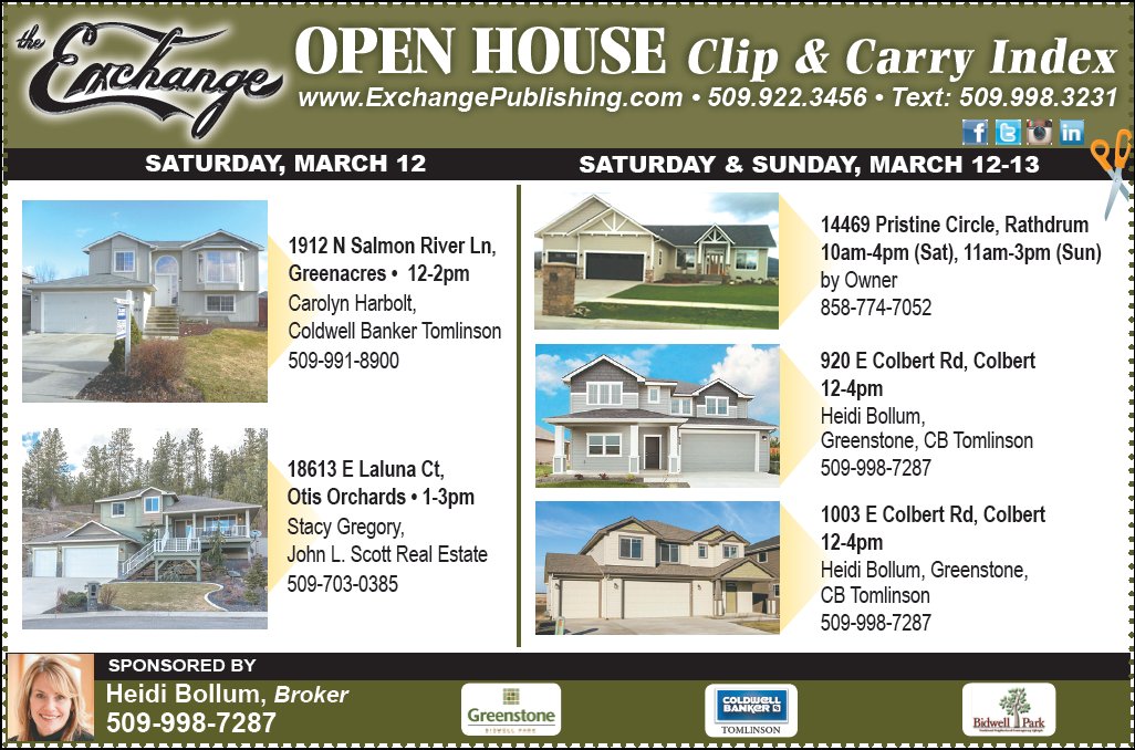 ExchangeSpokane's tweet photo. #OpenHouse Index for this weekend! https://t.co/4JaMLWW3zJ #Spokane #EasternWA #NorthID #RealEstate #HouseHunting https://t.co/4caoBlf1hL