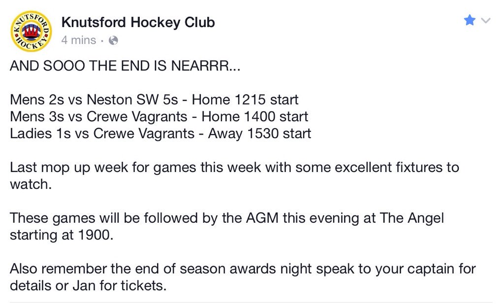 AND SOO THE END IS NEARRR...Games today featuring <a href="/NestonHockey/">Neston Hockey Club</a> and <a href="/CreweVagrantsHC/">CreweVagrantsHC</a>  #FINALCOUNTDOWN
