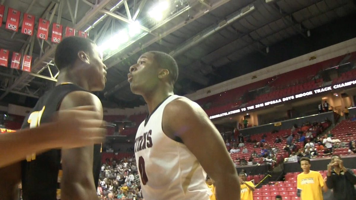 BIG BOY BANTER <a href="/GPJacketsHoops/">Gwynn Park Hoops</a> F Aaron Parker &amp; <a href="/NewTownHoops/">New Town Basketball</a> F Quincy Roche meet above the rim then fireworks