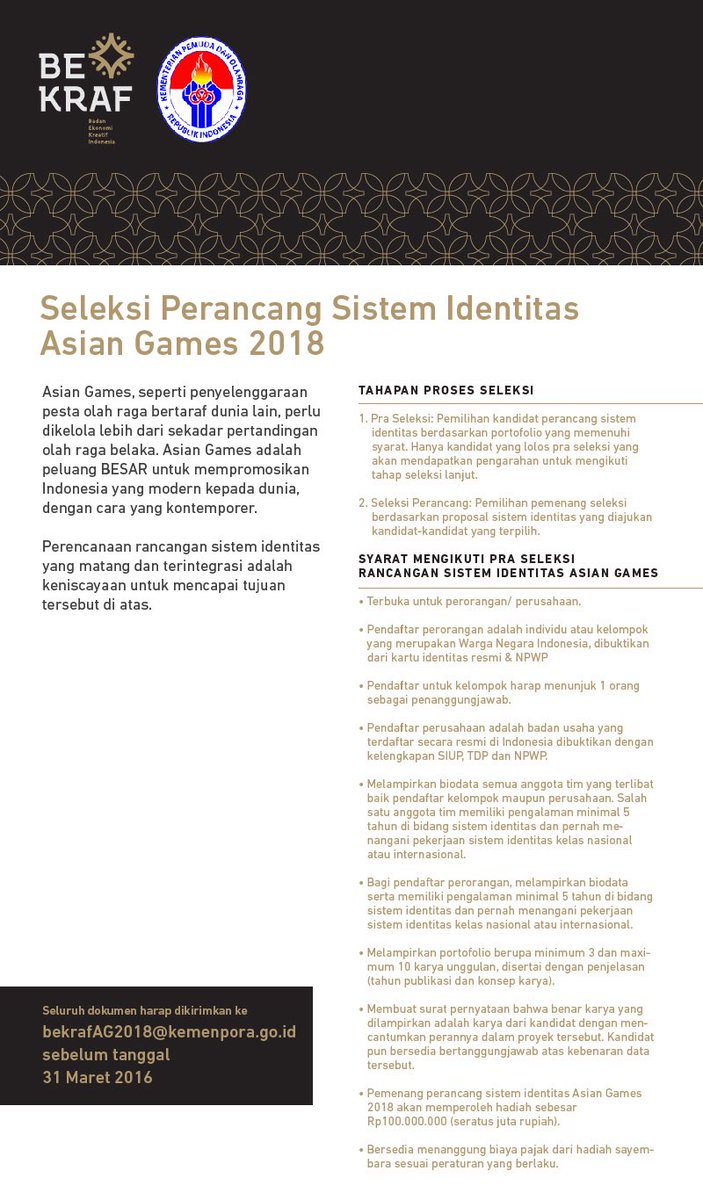 Info sayembara perancang sistem identitas Asian Games 2018 yang diselenggarakan oleh Kemenpora, KOI dan Bekraf.