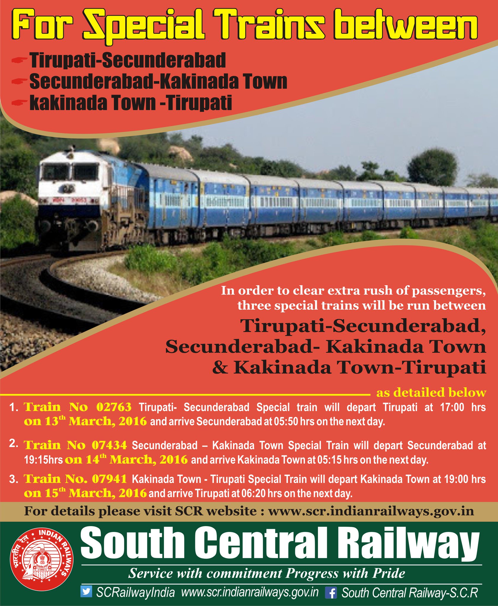 South Central Railway Scr Will Run Three Special Trains Between Tirupati Secunderabad Secunderabad Kakinada Town Kakinada Town Tirupati T Co Jwswgjyrfb