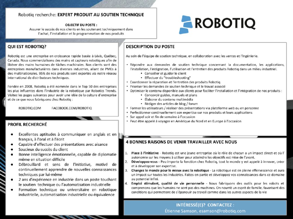 Robotiq_Inc's tweet photo. Robotiq is looking to hire in its #tech support department. Interested? Contact Etienne Samson esamson@robotiq.com https://t.co/zFbeoVkFCK