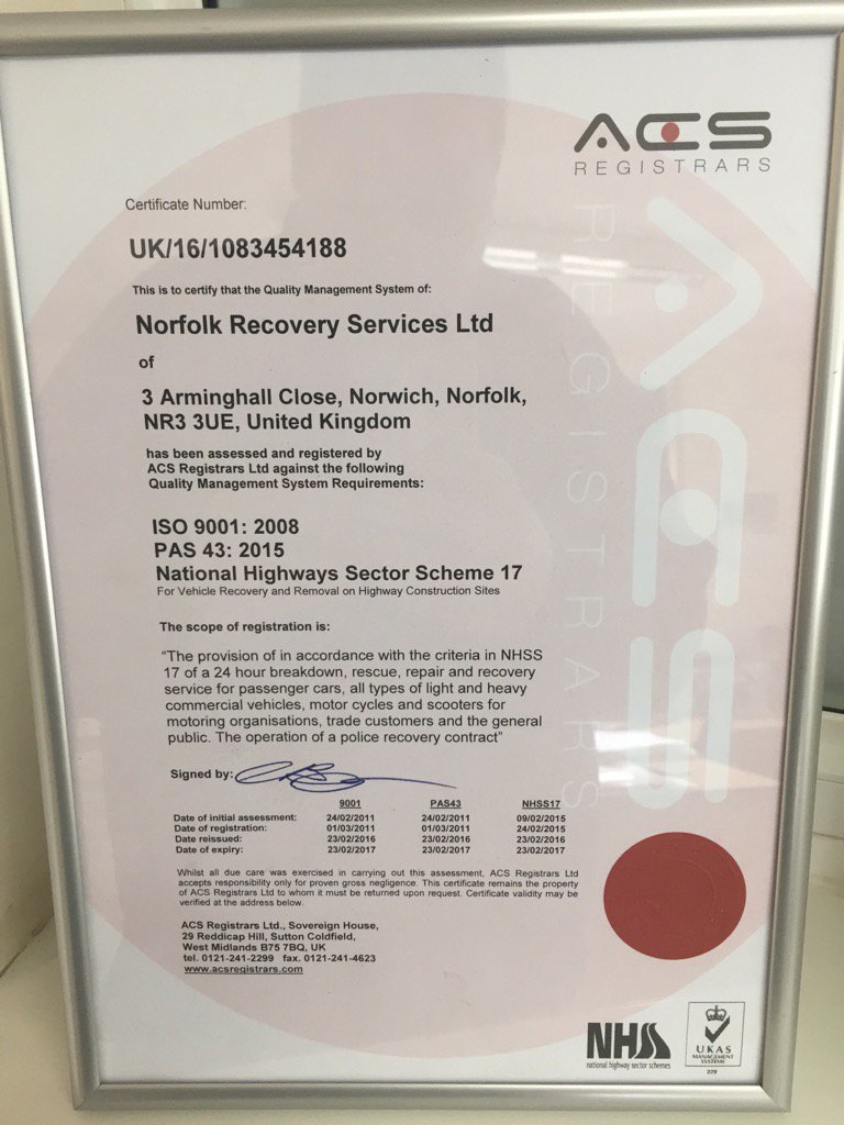 NorfolkRecovery's tweet photo. Nice to get our BS and Iso Cert on the wall today #profesional #safety #quality #nhss17 #RoadSafety #pas43 https://t.co/5GkgKUDTxI