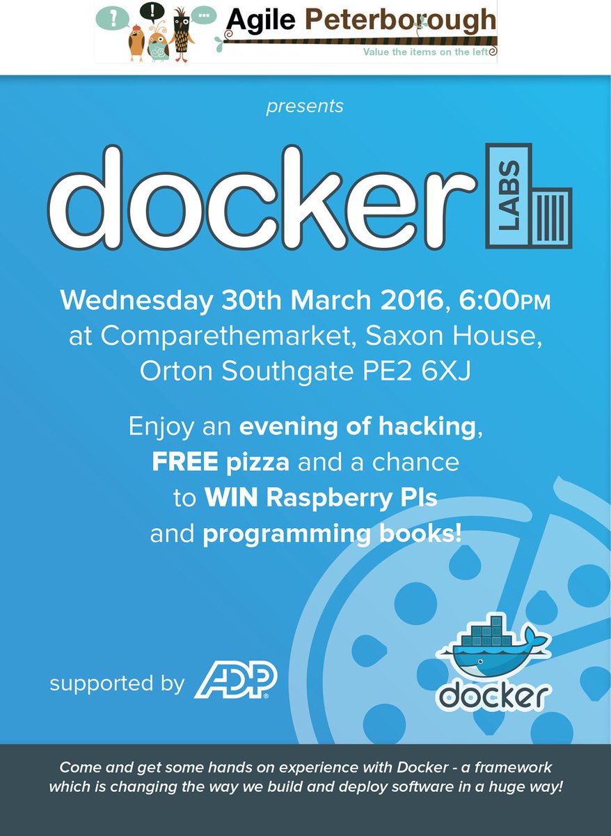 AgilePBoro's tweet photo. If your interested in Docker make sure you sign up to our next workshop this month! https://t.co/pFVr6qg0L3 https://t.co/oiDafmaC8y