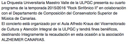 CSM_Canarias's tweet photo. 18.3 [20-30] Rock Sinfónico II @ULPGC @EducacionCan @CSM_Canarias #CSMCGC #DepartamentodeComposicion #Alzheimer https://t.co/4yTTjw6hnw