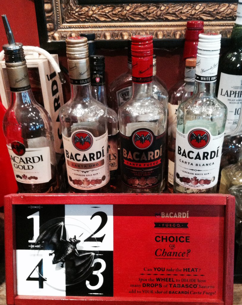 threegraceshove's tweet photo. Choice or chance? Spin the wheel to decide how many drops of Tabasco to add to your #bacardi https://t.co/jnrr4SmYIi