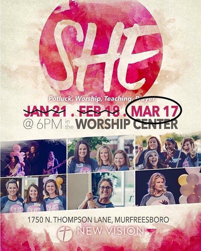 NewVisionWomen's tweet photo. Start spreading the news! We have 1 more SHE left this semester &amp; it is on THURSDAY! #NVWomen Tag friends to invite! https://t.co/SzjpnIzRFy