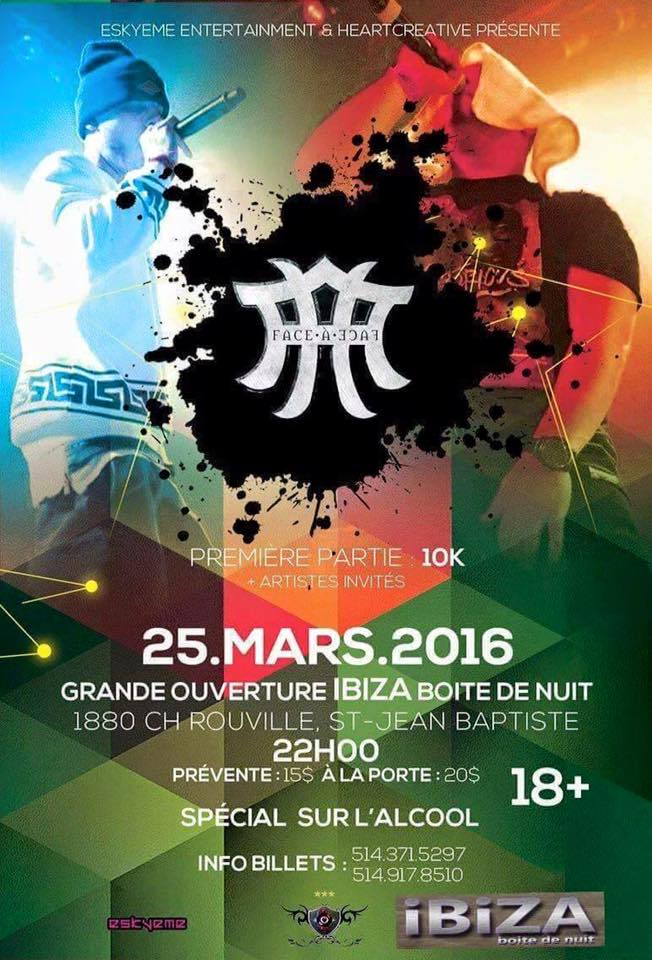 jduhiphop's tweet photo. Ne manquez pas le show de @faceafaceoff au club Ibiza le 25 mars prochain ! https://t.co/2TvZToQzS5 https://t.co/QYtlv7n3aI