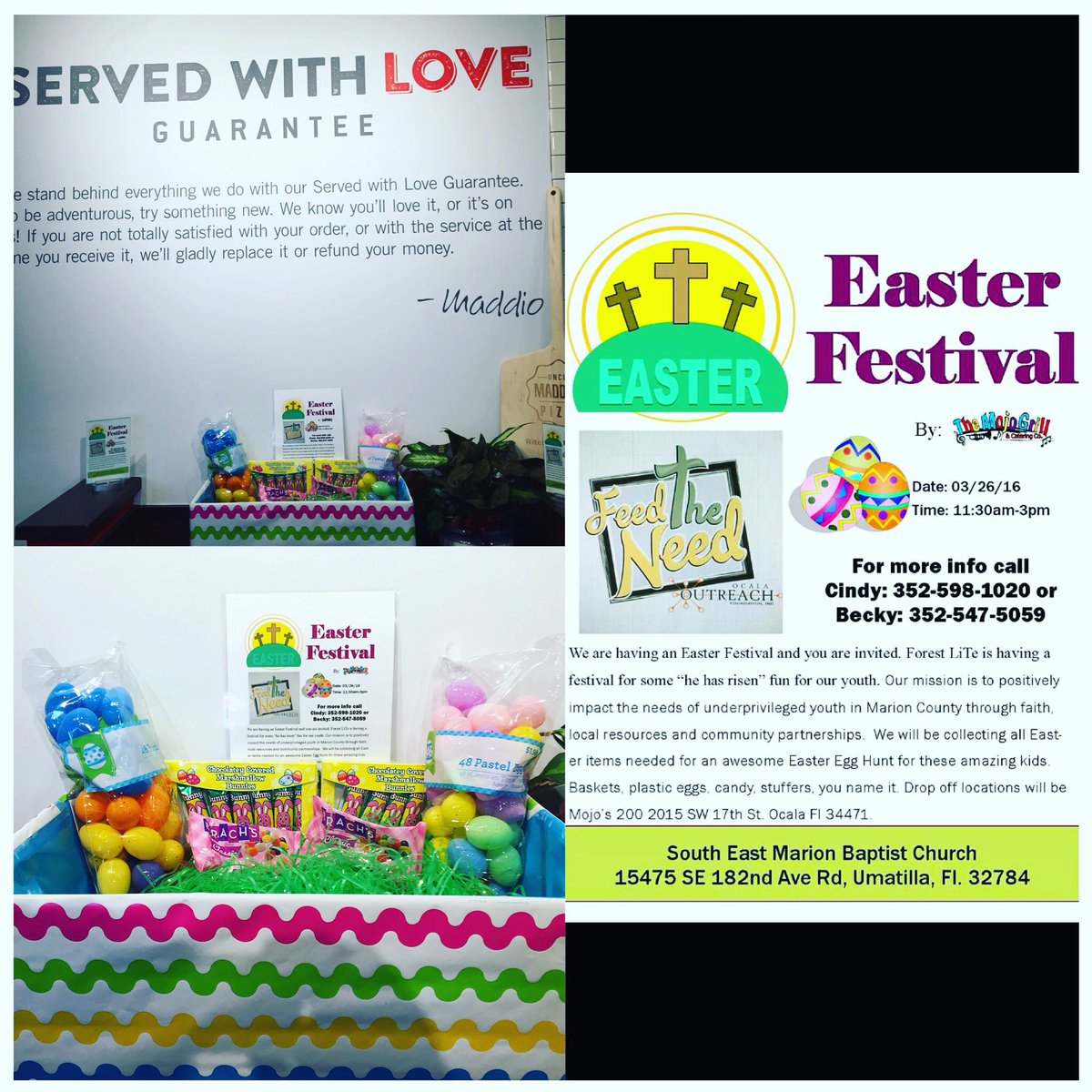 MaddiosOcala's tweet photo. Drop your Easter items so some local kids have a great #Easter! #feedtheneed #servedwithlove #maddios https://t.co/s6vQFhIQhk