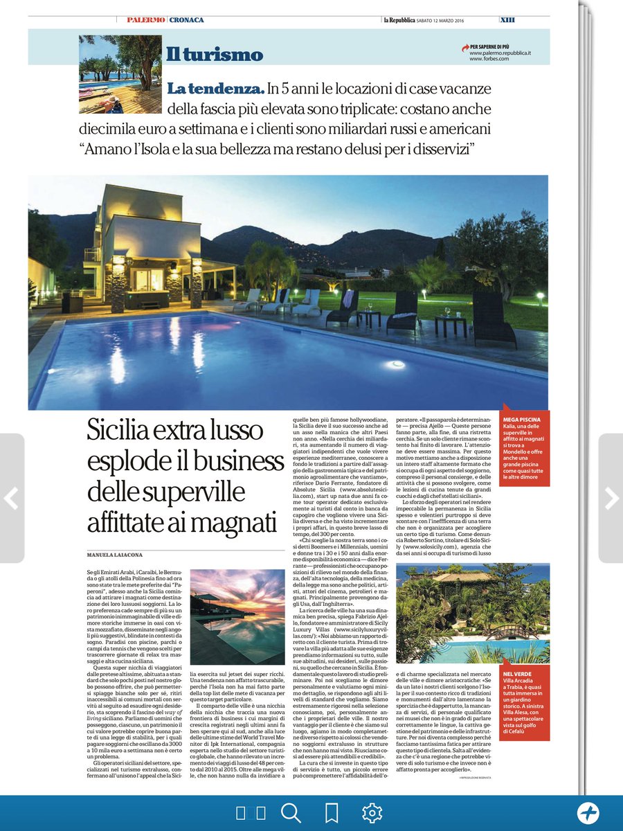 AbsoluteSicilia's tweet photo. #luxurytravel in #Sicily and Absolute Sicilia today on @repubblicait @rep_palermo #luxurylifestyle https://t.co/CIHI4wp9Qo