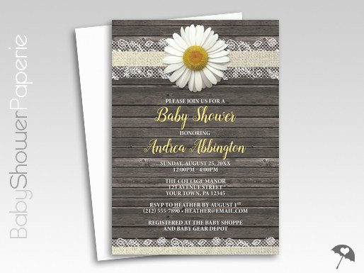Daisy Burlap and Lace Wood Baby Shower Invitations | #rustic #daisy #burlapandlace… babyshowerpaperie.com/2016/03/daisy-…