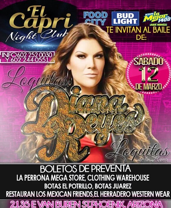 MaraRos8's tweet photo. Hoy 12 no se pierdan este Gran Bailazo con la Reina @DianaReyesMusic en el #CapriNightClub en Phoenix,AZ.
๐ค๐๐ถ https://t.co/fMDziOZK1z
