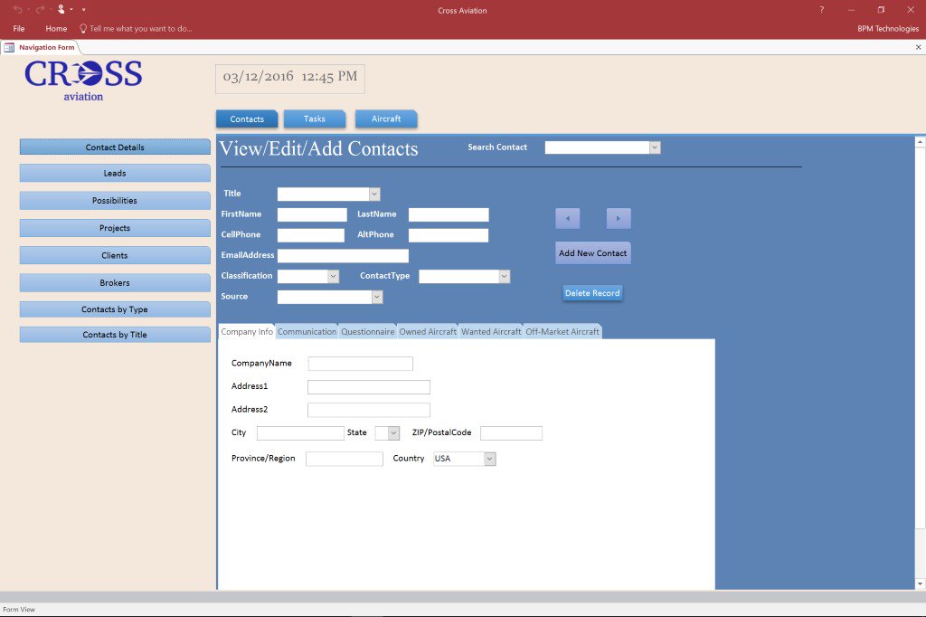 bpmtechnologies's tweet image. Just finished developing a custom CRM using @MSAccess for Cross Aviation. Track contacts, create tasks, and more!
