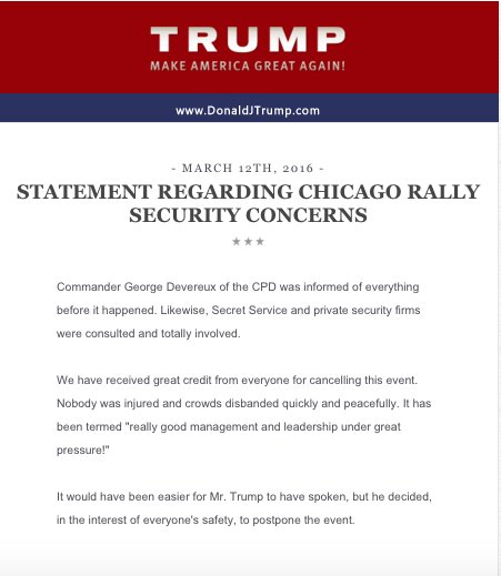 simplyrandom11's tweet photo. RT TheRyanParker: Trump campaign says it "received great credit from everyone for cancelling this event.โ #TrumpRaโฆ https://t.co/tyXps9EHL1