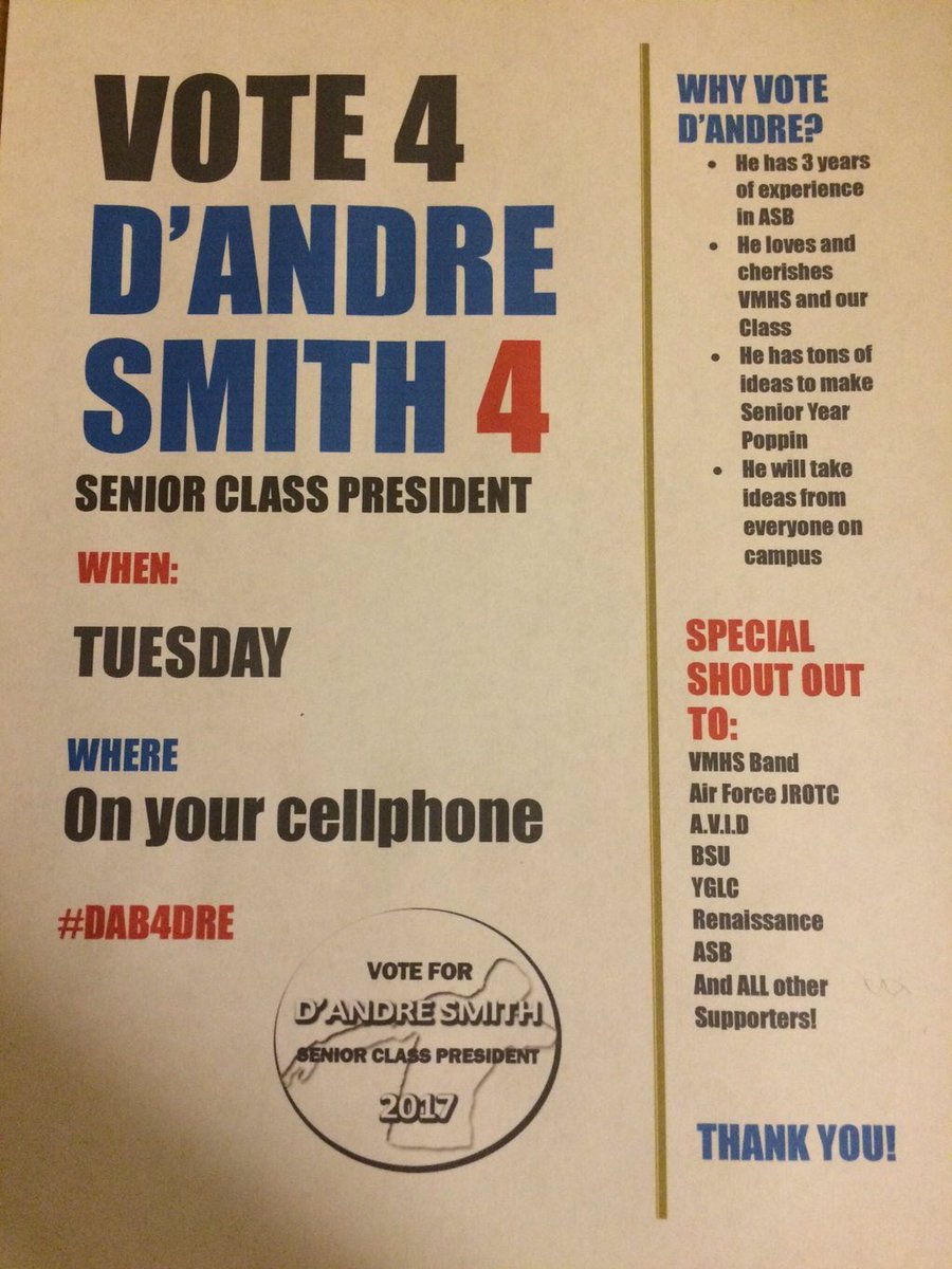 ATTENTION JUNIORS ‼️‼️Vote for D'Andre Smith for Senior Class President. He won't let you down!   #2017OurStory