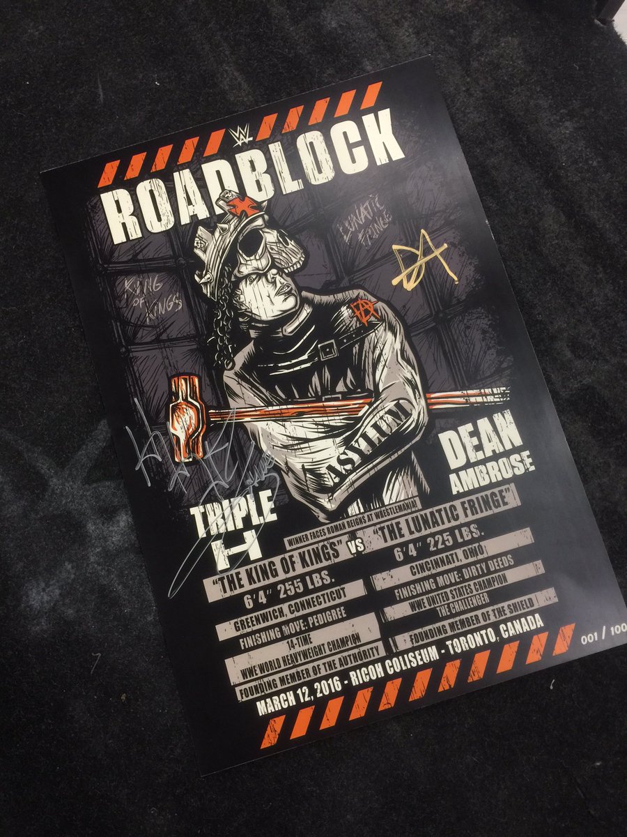 Tonight ONLY at <a href="/RICOHColiseum/">Ricoh Coliseum</a>...pick up a limited edition <a href="/TripleH/">Triple H</a> / <a href="/TheDeanAmbrose/">XFL Scorigami</a> signed #WWERoadblock poster!