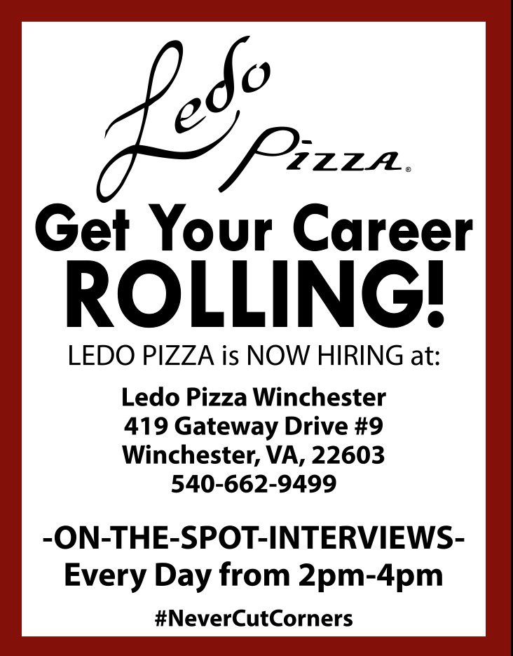 LedoPizzaWinc's tweet photo. We offer flex schedules&amp;participate in HS Coop Programs! Please email: ledopizzaofwinchester@yahoo.com or stop by! https://t.co/HFH4xCEAty