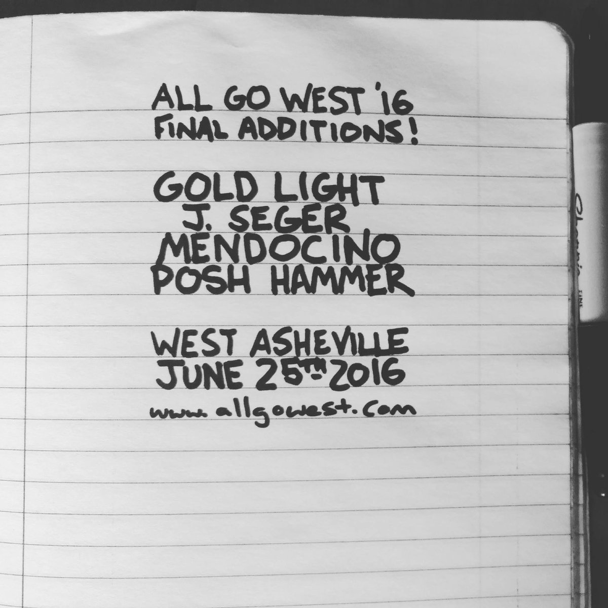And here are the final lineup additions for All Go West Music Festival! 

Gold Light
J. Seger
Mendocino
Posh Hammer