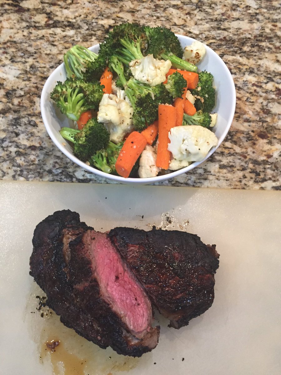 Custom cut ribeye from <a href="/ButcherySTL/">Truffles Butchery</a> and roasted veggies.  Happy Saturday!!