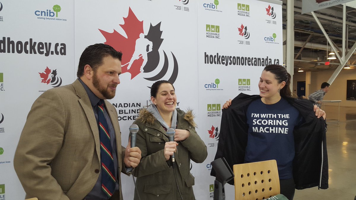 CDNBlindHockey's tweet photo. Christine The Scoring Machine is on air with her family proudly sporting their custom shirts! @Chris0731 https://t.co/2cW3ell4wM