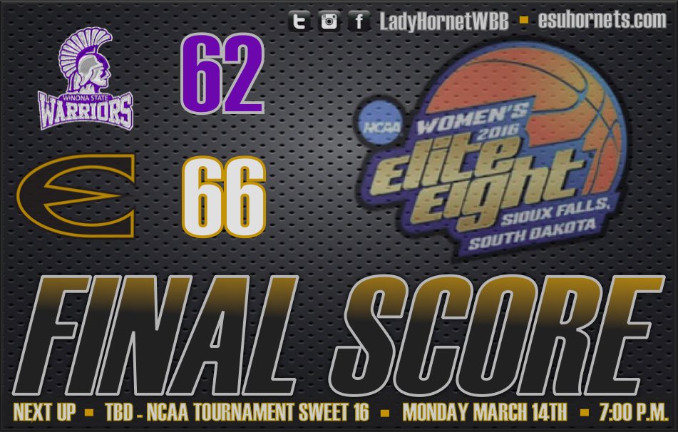 ESUHornetsWBB's tweet photo. Lady Hornets get the win and advance to the Central Regional Championship Game on Monday! #NoRegretsInMarch #Sweet16 https://t.co/PJkkXGTFE4
