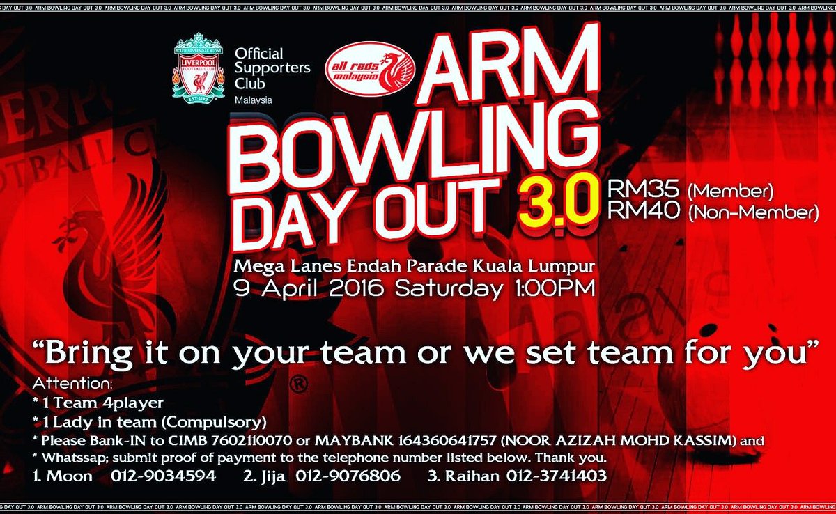 allredsmalaysia's tweet photo. ARM BOWLING DAY OUT
- 9 April
- 1pm
- Mega Lane Endah Parade
*rujuk poster utk penyertaan https://t.co/9t9aHknvOT