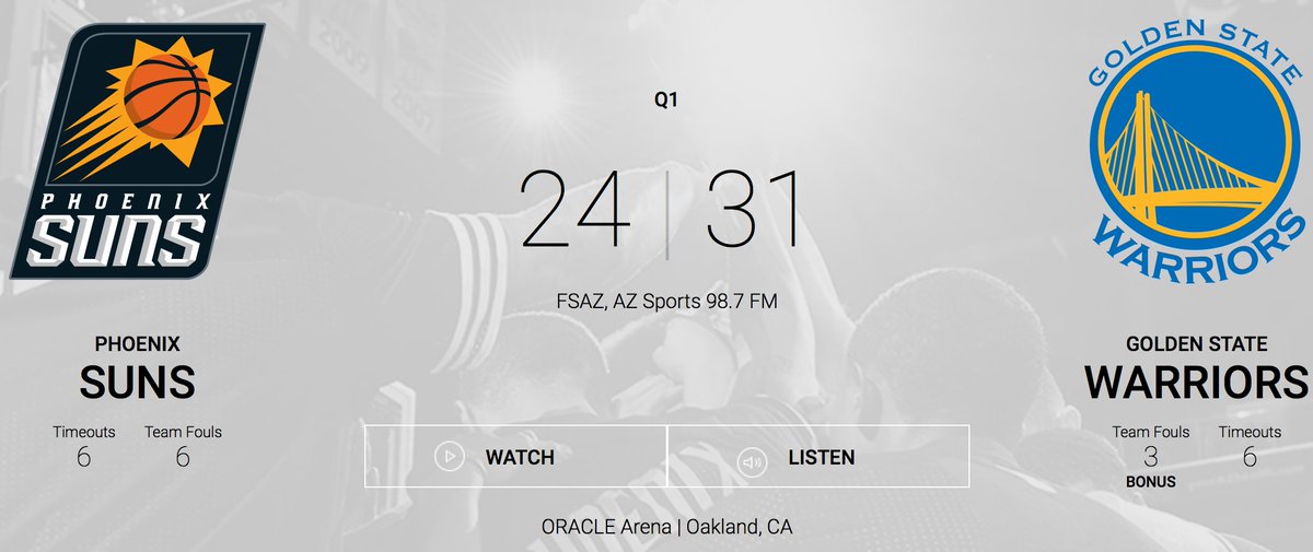 Suns's tweet photo. Warriors lead after 1Q 31-24. Get live stats and info courtesy of @CenturyLinkAZ. https://t.co/P32vLH0ffO https://t.co/yD3GP1fbRw