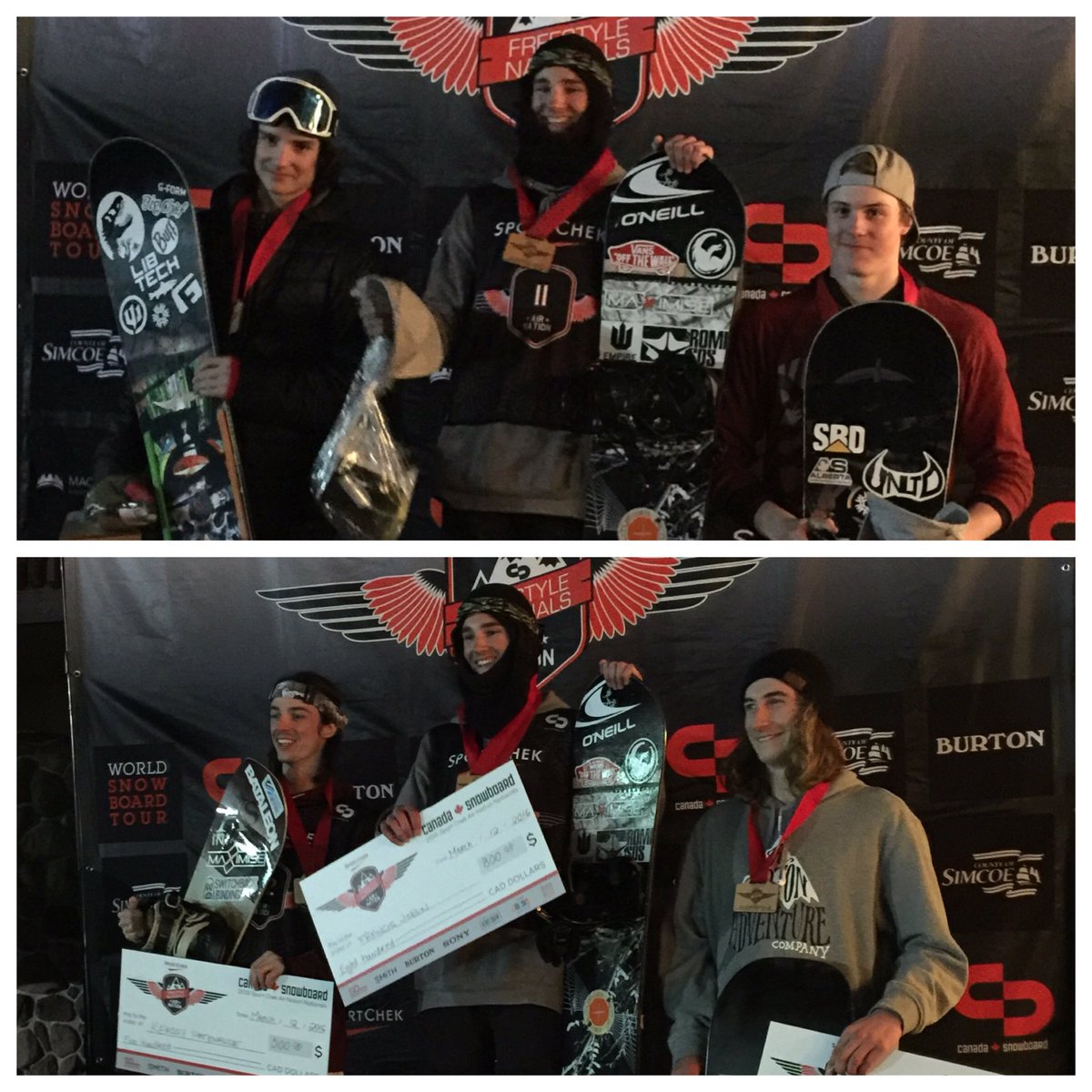 CanadaSnowboard's tweet photo. A big congrats to all our winners today for slopestyle opens and junior men's! #airnation2016 #champs #epicthrowdown https://t.co/9y9gzF7BpV