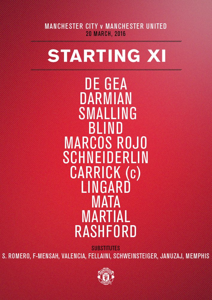 #mufc XI: De Gea, Darmian, Smalling, Blind, Rojo, Schneiderlin, Carrick, Lingard, Mata, Martial, Rashford.