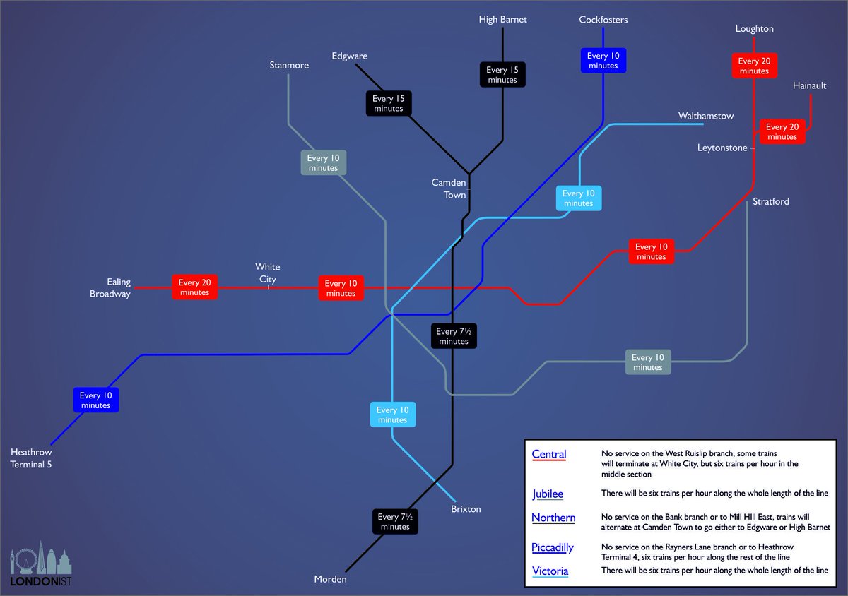 Londonist's tweet photo. How often will night tube trains run on the different lines? This map explains all https://t.co/L8clWvbE4Y https://t.co/3oUwUGw7Ve