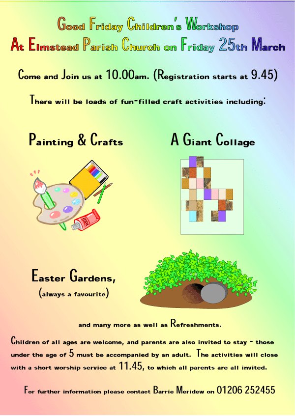 ElmsteadChurch's tweet photo. #GoodFriday Children's Workshop At #ElmsteadParishChurch on Friday, March 25th https://t.co/tjXlyIwAdo