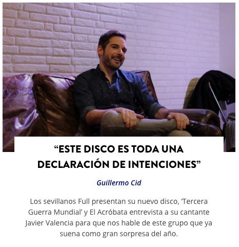 guilleciro's tweet photo. Entrevisté a @Javi_full para hablar del nuevo disco de @somosFull 'Tercera Guerra Mundial'. https://t.co/m6f6eCfL89 https://t.co/dsIwG1pa12
