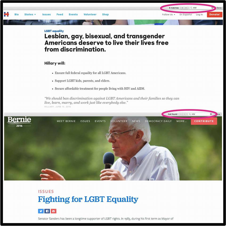 LisaTalmadge's tweet photo. .@MrDane1982 Sanders has no mention of HIV/AIDS on site, Hillary has most detailed plan in history. #BernieLGBT https://t.co/oh3pp7THVD
