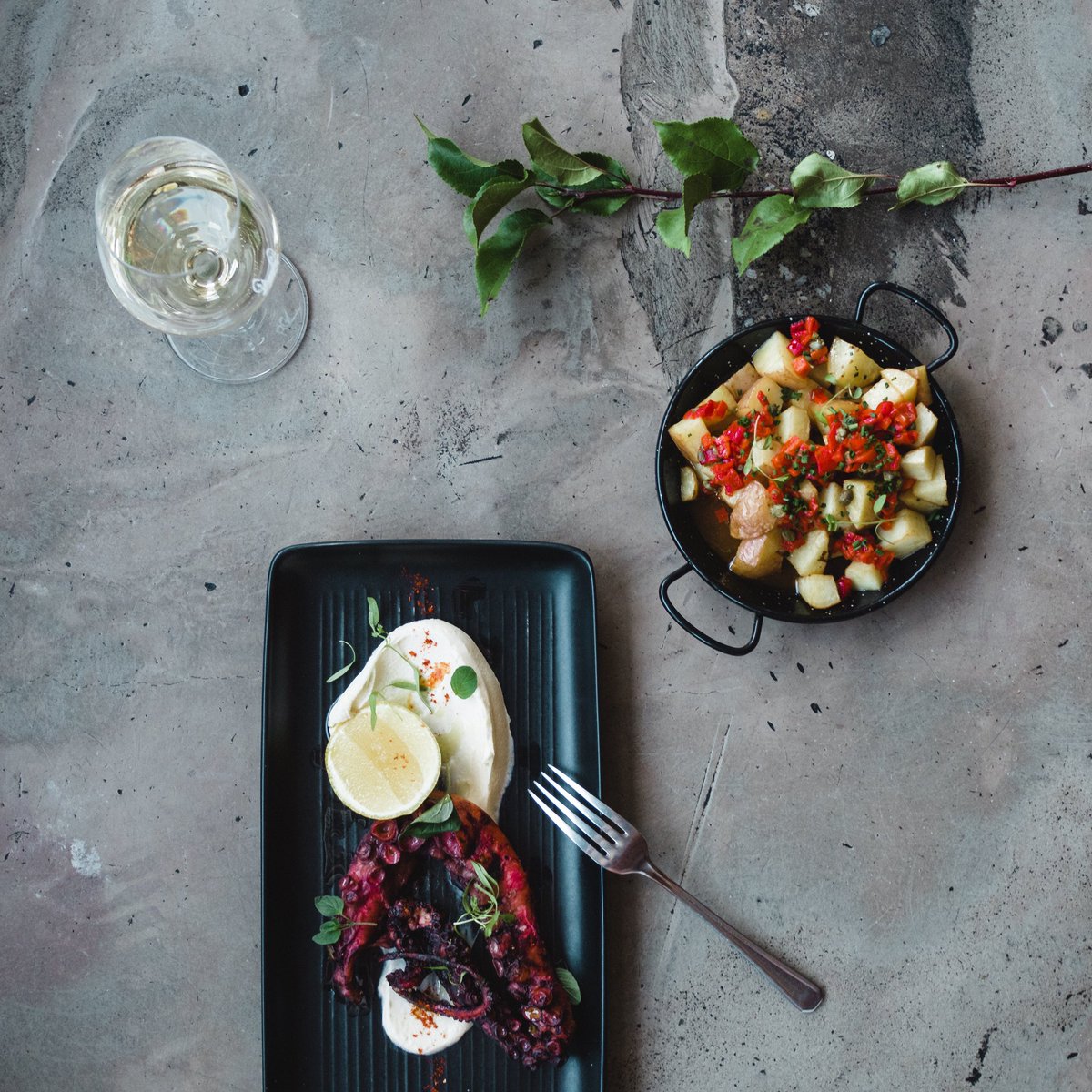 We've added white bean puree to our twice cooked octopus tentacle.