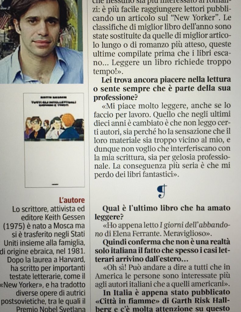paolaturci's tweet photo. Che bella l'intervista di @Enrico_Rotelli a #KeithGessen Su @La_Lettura Anche lui legge #ElenaFerrante #coincidenze https://t.co/gzLpxSSkkg