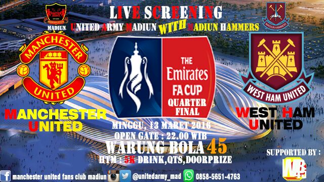 LIVESCREENING bersama <a href="/MadiunHammers/">MadiunHammers</a>
📺 FA Cup
⚽ MAN UTD vs WEST HAM
📆 Malam ini
🏬 Warung Bola 45
🕙 22.00 WIB
💶 5k