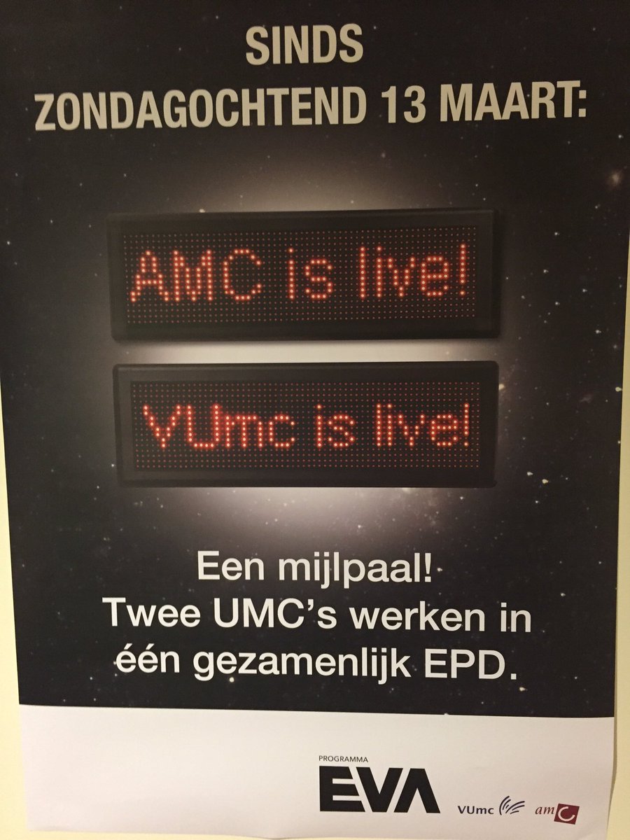 SassekeR's tweet photo. Yay!! Beide ziekenhuizen 'live'... Trots!!๐พ๐ #ProgrammaEVA #epd #EPIC #GoLive @VUmcAmsterdam @AMC_NL https://t.co/mns7VZbnVh
