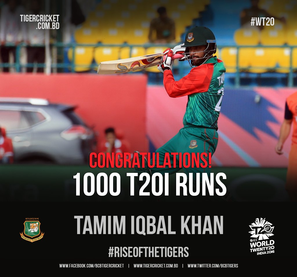 BCBtigers's tweet photo. CONGRATULATIONS @TamimOfficial28 on the milestone, picking it up in @ICC #WT20 2016. #BANvOMA #DashingTamim https://t.co/V199i8lMwS