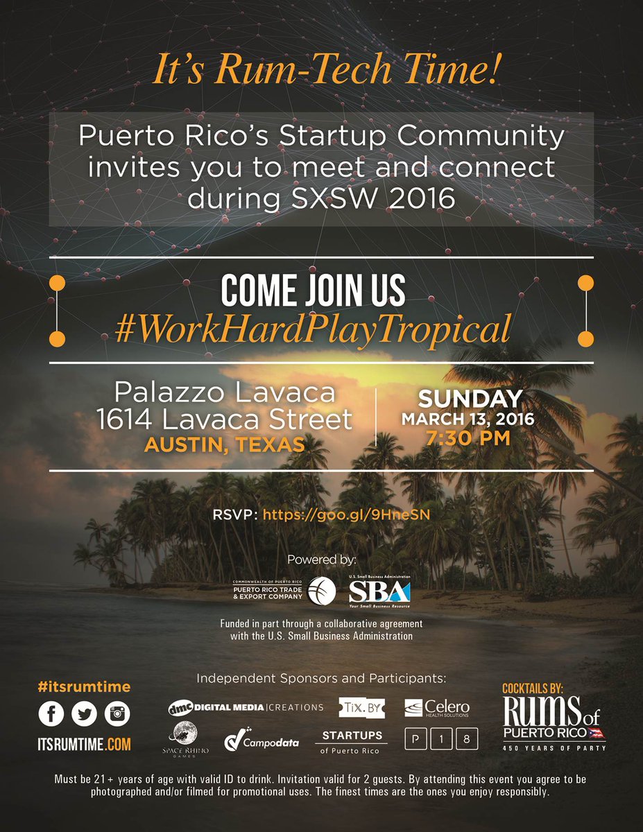 p18startups's tweet photo. We're gonna #WorkHardPlayTropical tonight #StartupsOfPuertoRico #PuertoRicoIsCalling #SXSW https://t.co/gUPVFP459B https://t.co/Z7wCsqF3Yg