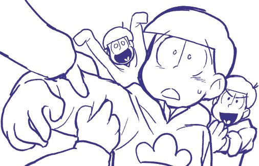 見えない一松と喋れないチョロ松の漫画を進めております。兄弟の腕をとって引っ張ってあげる時、おそ松は腕をしっかりと掴み、トド松は服を可愛くつまんで引き、カラ松は優しく後押ししてあげ、十四松はくねくね応援する 