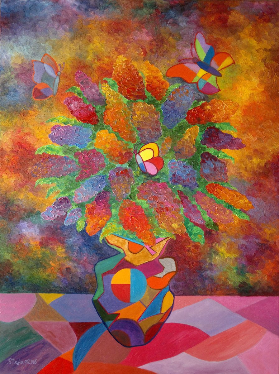 Stefan_Artist's tweet photo. "Three queens" | 80x60 cm | #vase #flowers #butterflies #cubism #art #homedecor #painting #ArtLovers https://t.co/Dbtf23NzLY