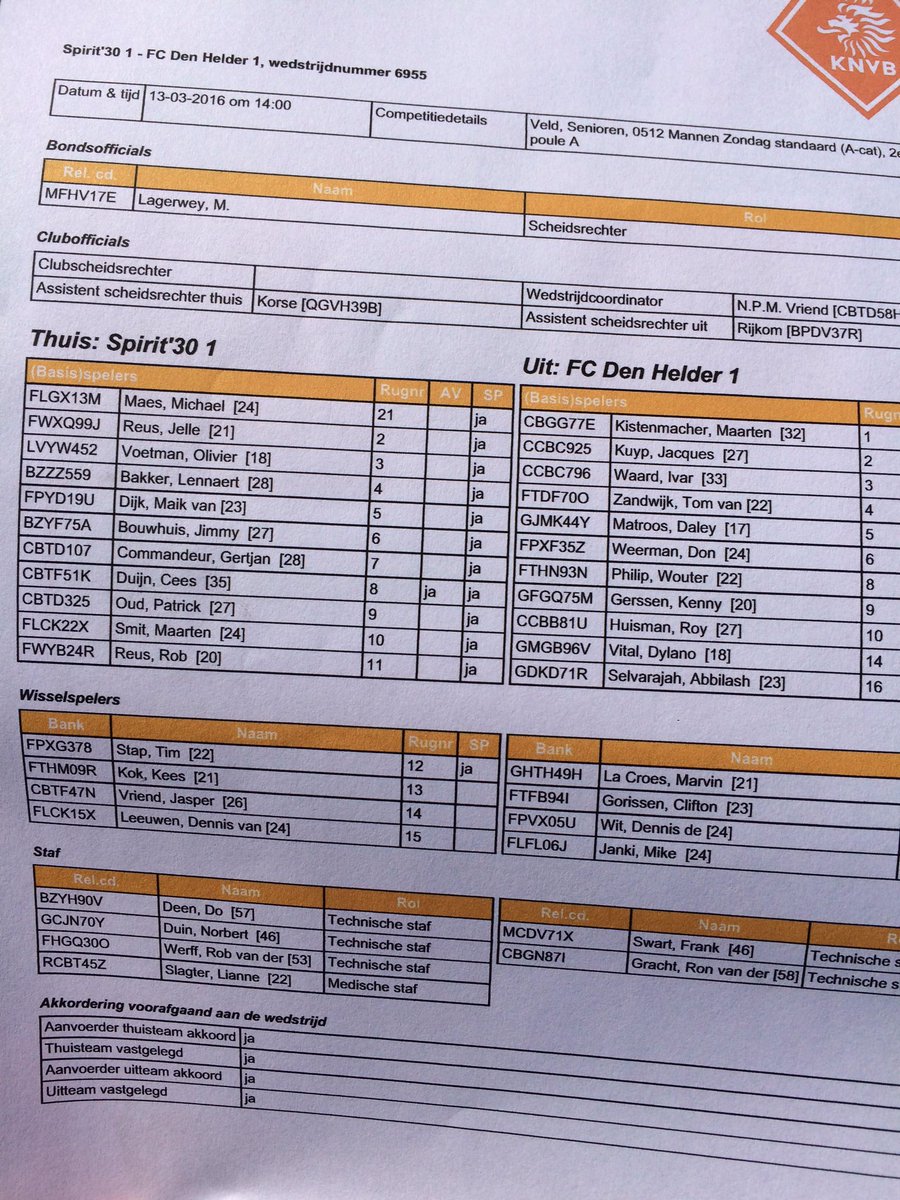 NHDsportWF's tweet image. Om 14 uur begint Spirit&apos;30-FC Den Helder. De wedstrijdselecties: #spiden